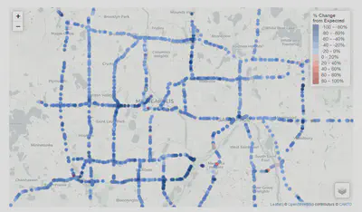 The map shows the decreases in travel at individual traffic monitoring sites across the Twin Cities Metropolitan area. Traffic monitoring is performed by the Minnesota Department of Transportation (MnDOT) using detectors built into the infrastructure of the roads. These detectors are usually used to estimate congestion along Metro area highways.